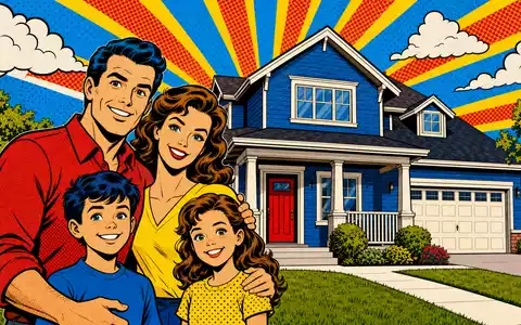 Redrow plc (GB0007323586) verkörpert den Traum vom Eigenheim, farbenfrohe Pop-Art-Illustration einer glücklichen Familie - Foto: THN