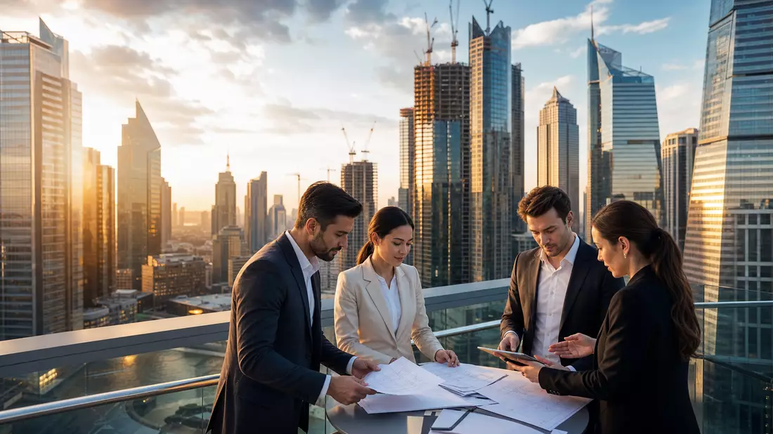 Immobilienberater besprechen Baupläne auf Dachterrasse mit Skyline im Hintergrund