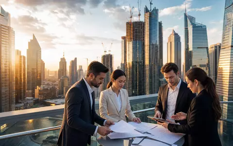 Savills plc (ISIN GB0007998633) zeigt fotorealistische Immobilienberater bei Projektbesprechung vor moderner Großstadt-Skyline - Foto: THN