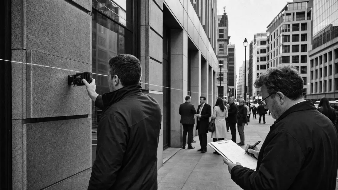 Schwarzweiß-Reportagefoto eines Gutachters bei der Gebäudevermessung in der Stadt