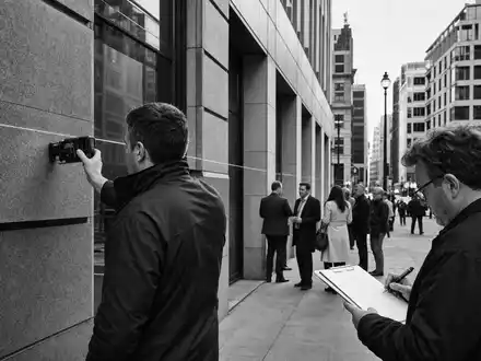 Savills plc (ISIN GB0007998633) illustriert SchwarzweiĂ-Reportage ĂŒber GebĂ€udevermessung durch Immobiliengutachter in Innenstadtlage - Foto: THN