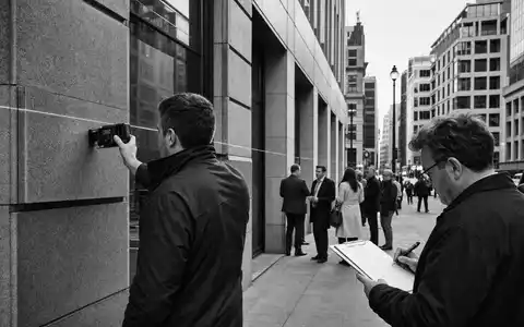 Savills plc (ISIN GB0007998633) illustriert Schwarzweiß-Reportage über Gebäudevermessung durch Immobiliengutachter in Innenstadtlage - Foto: THN