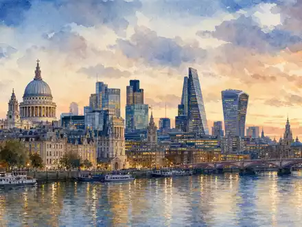 Savills plc (ISIN GB0007998633) präsentiert Aquarell-Stadtansicht mit historischen und modernen Bürogebäuden entlang eines Flusses - Foto: THN