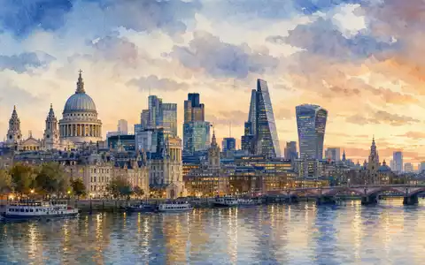 Savills plc (ISIN GB0007998633) präsentiert Aquarell-Stadtansicht mit historischen und modernen Bürogebäuden entlang eines Flusses - Foto: THN