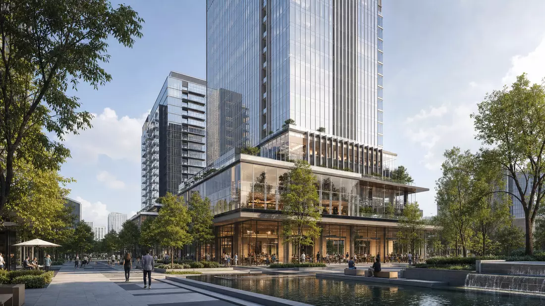 3D-Architekturrender eines gläsernen Hochhauses mit Grünflächen und Fußgängerplatz