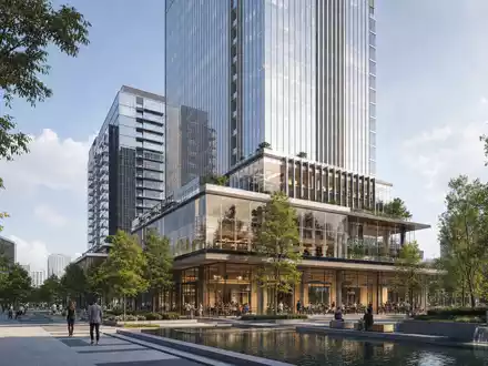 Savills plc (ISIN GB0007998633) zeigt Architektur-Render eines modernen BĂŒro- und Wohnturms mit begrĂŒntem Vorplatz - Foto: THN