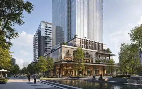 Savills plc (ISIN GB0007998633) zeigt Architektur-Render eines modernen Büro- und Wohnturms mit begrüntem Vorplatz - Foto: THN