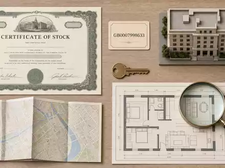 Savills plc (ISIN GB0007998633) inszeniert Flatlay mit Aktienzertifikat, ISIN-Karte, Gebäudemodell und Grundrissplan - Foto: THN