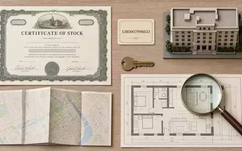 Savills plc (ISIN GB0007998633) inszeniert Flatlay mit Aktienzertifikat, ISIN-Karte, GebÀudemodell und Grundrissplan - Foto: THN