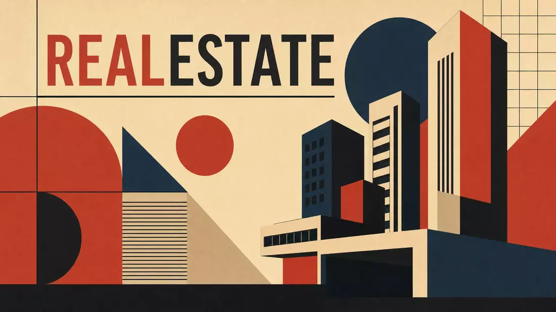 Bauhaus-Poster mit geometrischen Formen, Gebäudesilhouetten und Schriftzug REALESTATE