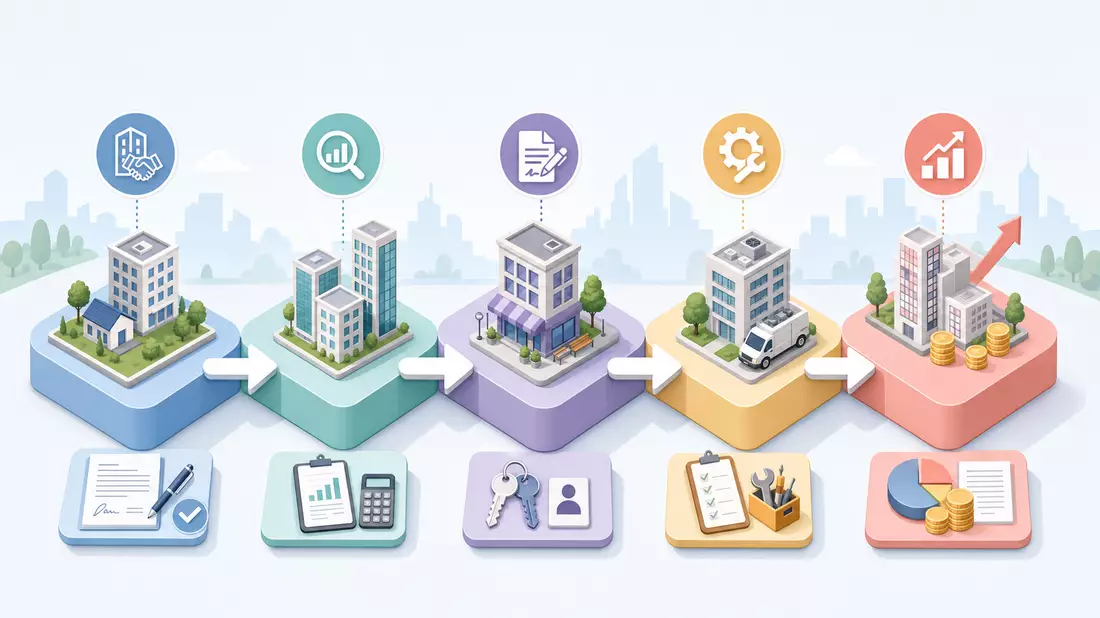 Isometrisches Diagramm einer Wertschöpfungskette von Immobiliendienstleistungen mit Icons