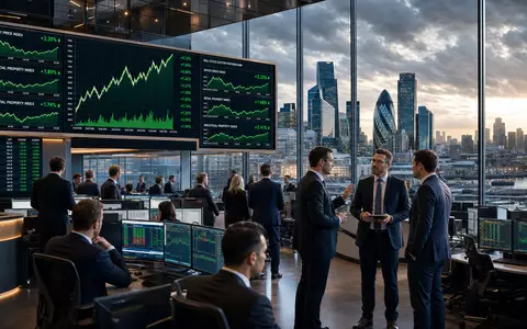 Savills plc (ISIN GB0007998633) zeigt Börsen-Editorial mit Handelsraum, Kursbildschirmen und steigenden Immobiliensektor-Charts - Foto: THN