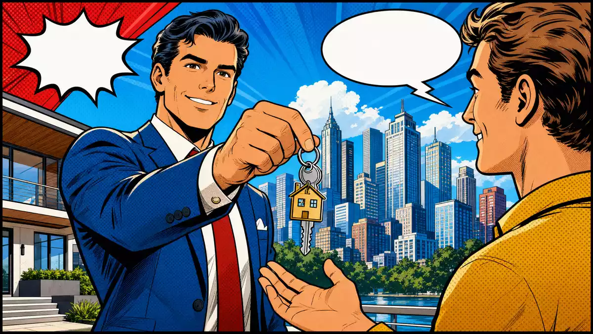 Pop-Art-Comic eines Maklers bei der Schlüsselübergabe vor bunter Stadtskyline