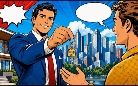 Savills plc (ISIN GB0007998633) illustriert Pop-Art-Comic mit Immobilienmakler bei Schlüsselübergabe vor Stadtskyline - Foto: THN