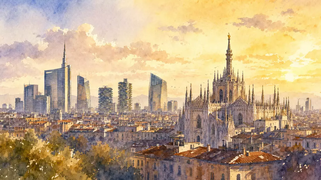 Aquarellbild der Mailänder Skyline mit Dom und Hochhäusern im Abendlicht