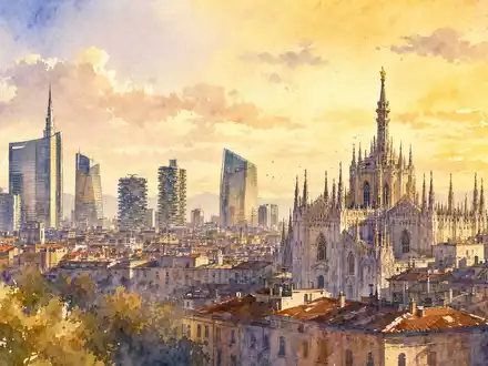 Aquarellmalerei der Mailänder Skyline visualisiert Mediobanca S.p.A. mit ISIN IT0000062957 im italienischen Bankensektor - Foto: THN