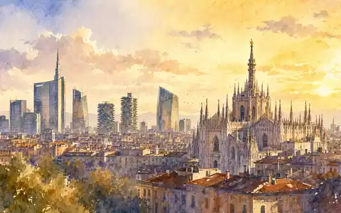 Aquarellmalerei der Mailänder Skyline visualisiert Mediobanca S.p.A. mit ISIN IT0000062957 im italienischen Bankensektor - Foto: THN