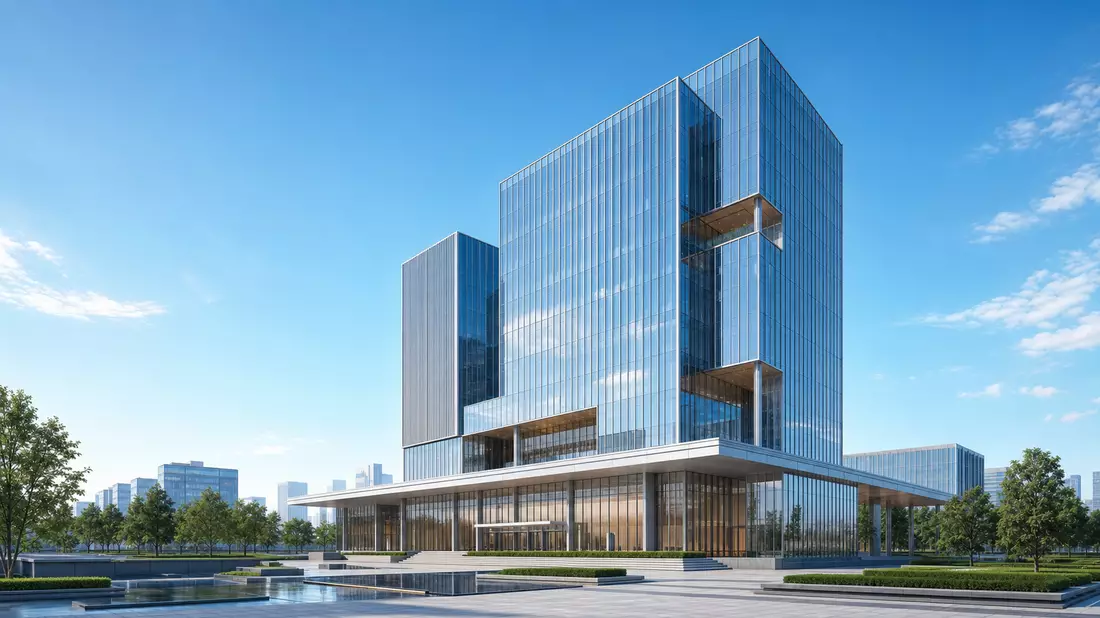 3D-Architekturrender eines modernen gläsernen Bankhochhauses, blauer Himmel