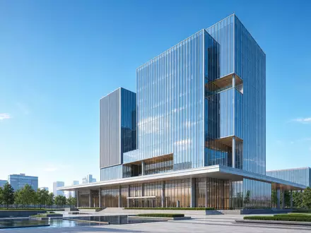 Architektur-Render eines modernen Bankhochhauses repräsentiert Mediobanca S.p.A. mit ISIN IT0000062957 in Mailand - Foto: THN