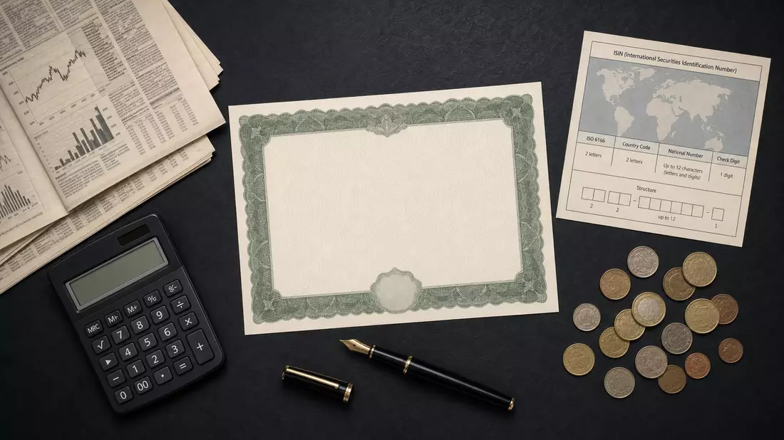 Flatlay mit Aktienzertifikat, ISIN-Karte, Münzen und Finanzzeitung auf Tisch