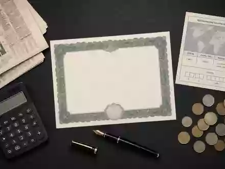 Flatlay mit Aktienzertifikat und Finanzunterlagen illustriert Mediobanca S.p.A. mit ISIN IT0000062957 im Bankwesen - Foto: THN