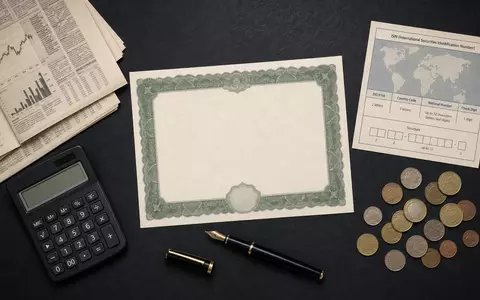 Flatlay mit Aktienzertifikat und Finanzunterlagen illustriert Mediobanca S.p.A. mit ISIN IT0000062957 im Bankwesen - Foto: THN