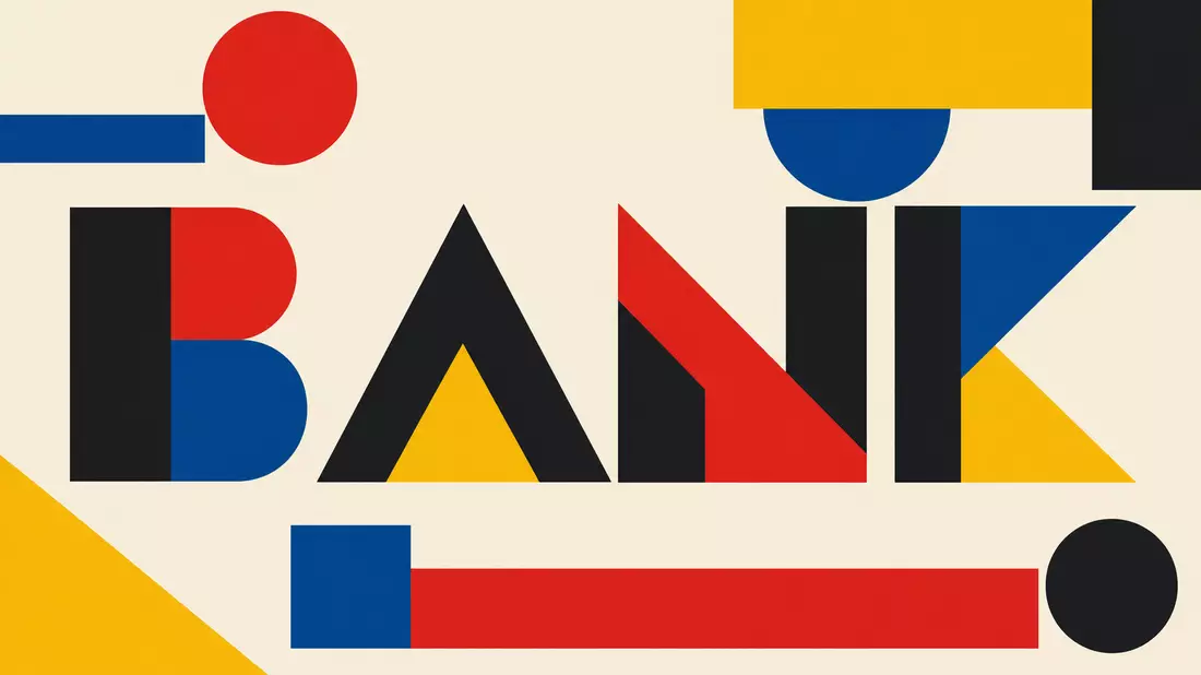 Bauhaus-Poster mit geometrischen Formen und Schriftzug BANK in Primärfarben