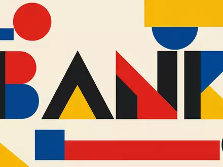 Bauhaus-Poster mit geometrischen Formen und Sektor-Text zeigt Mediobanca S.p.A. mit ISIN IT0000062957 im Bankensektor - Foto: THN
