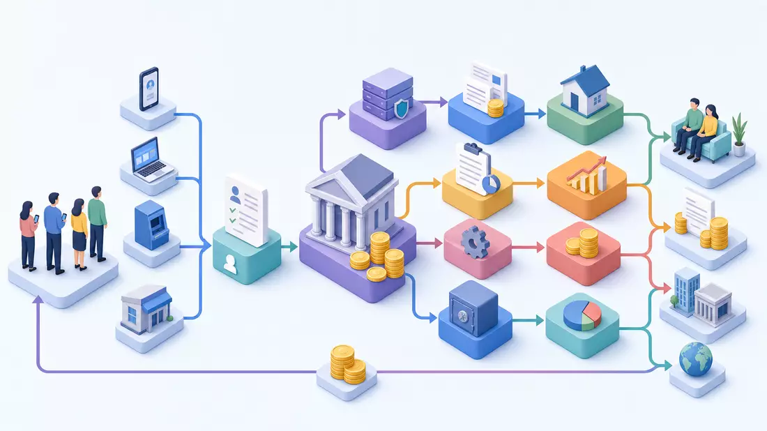 Isometrische 3D-Illustration einer Bank-Wertschöpfungskette mit Symbolen