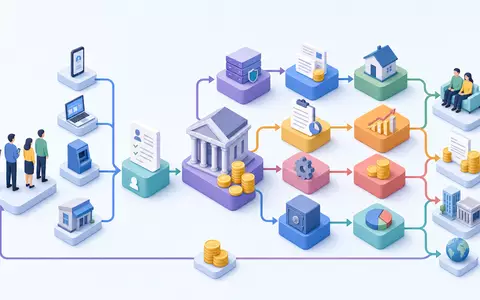Isometrische 3D-Grafik zeigt Bankprozesse und Kapitalflüsse für Mediobanca S.p.A. mit ISIN IT0000062957 verständlich dargestellt - Foto: THN
