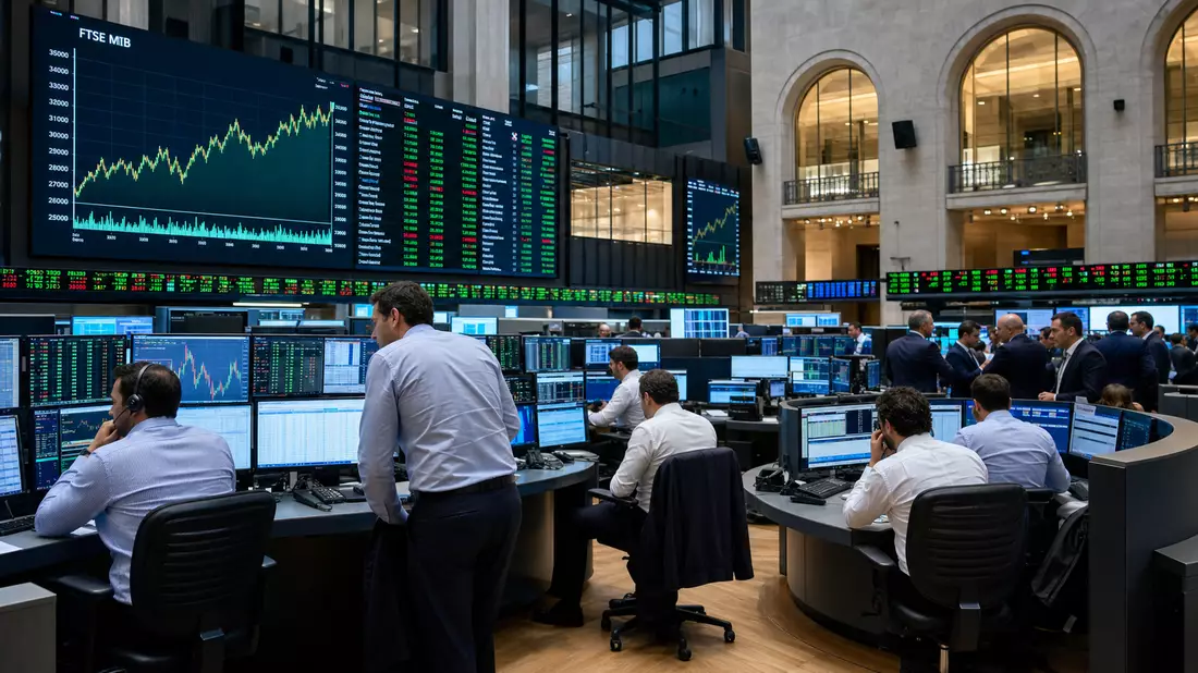 Trading-Floor der Mailänder Börse mit Bildschirmen und FTSE-MIB-Charts