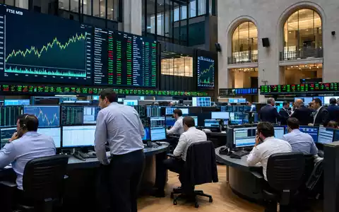 Börsen-Editorial vom Handelsraum in Mailand zeigt Mediobanca S.p.A. mit ISIN IT0000062957 im FTSE-MIB-Index - Foto: THN
