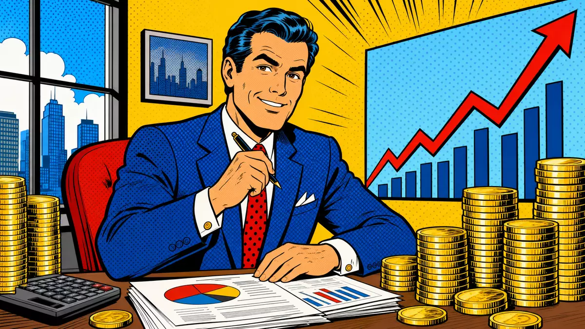 Pop-Art-Comic-Illustration eines Bankers mit Münzstapeln und Aufwärtscharts