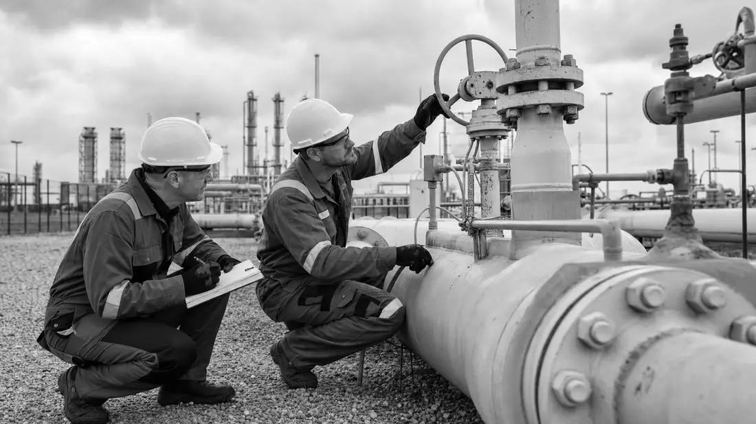Schwarzweiß-Reportagefoto von Technikern an einer Gasleitungsanlage
