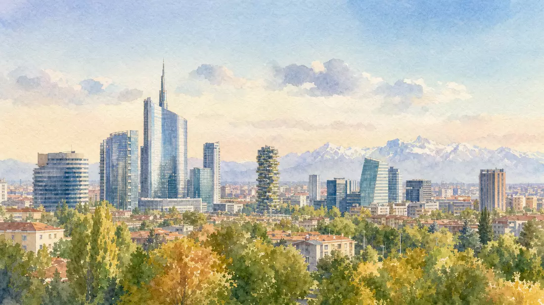 Aquarellmalerei einer italienischen Vorortstadt mit Bürogebäuden