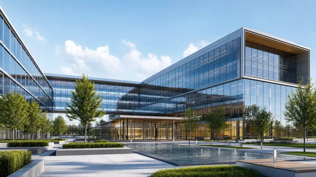 Architektonisches 3D-Render eines modernen Energiefirmen-Bürokomplexes