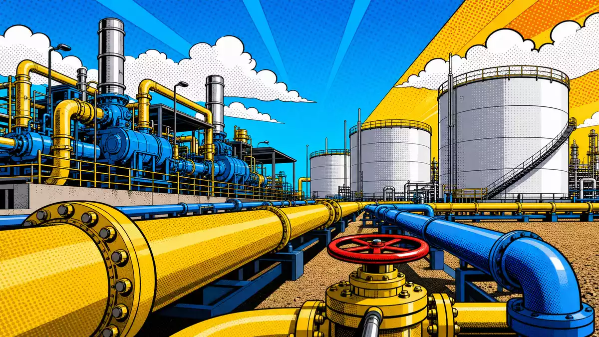 Pop-Art-Comic-Illustration von stilisierten Gaspipelines und Industrieanlagen