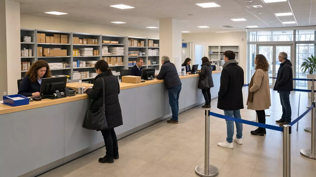 Modernes Postbüro-Interieur mit Schaltern, Regalen und wartenden Kunden in Warteschlange
