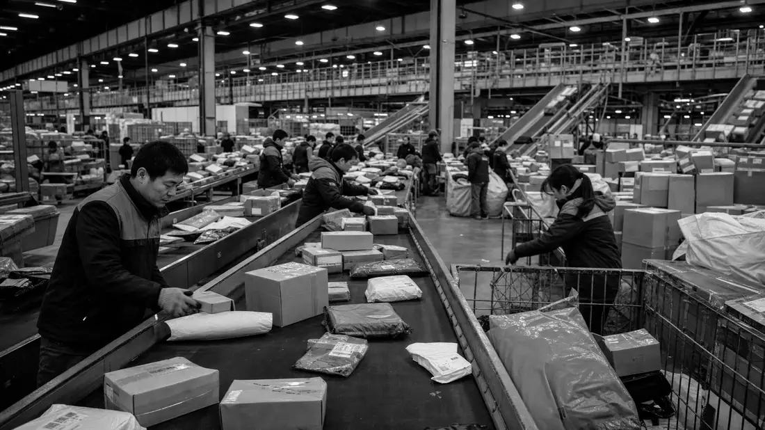 Schwarzweiß-Reportagefoto eines geschäftigen Paketsortierzentrums mit Förderbändern