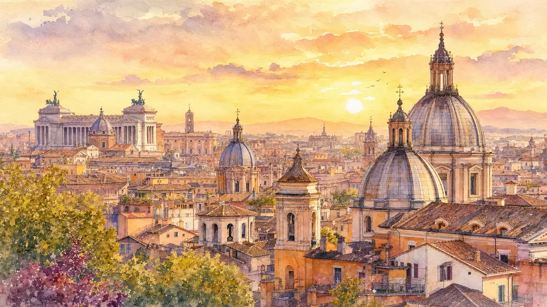 Aquarellmalerei der Skyline Roms mit historischen Kuppeln bei goldenem Sonnenuntergang