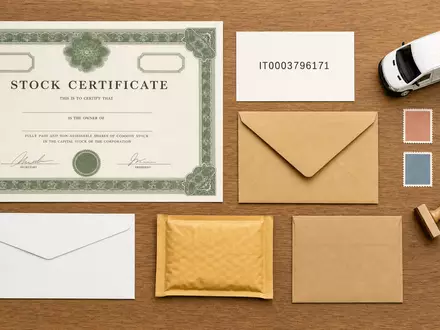 Poste Italiane S.p.A. (IT0003796171) wird hier als Flatlay mit Aktienzertifikat, ISIN-Karte und Versandutensilien inszeniert - Foto: THN