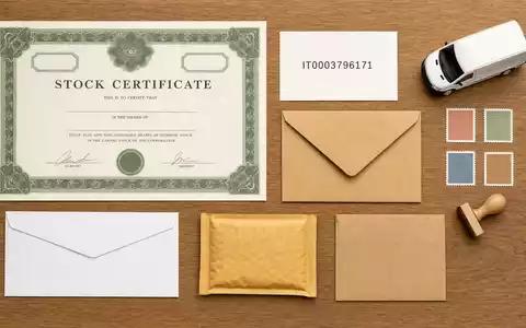 Poste Italiane S.p.A. (IT0003796171) wird hier als Flatlay mit Aktienzertifikat, ISIN-Karte und Versandutensilien inszeniert - Foto: THN
