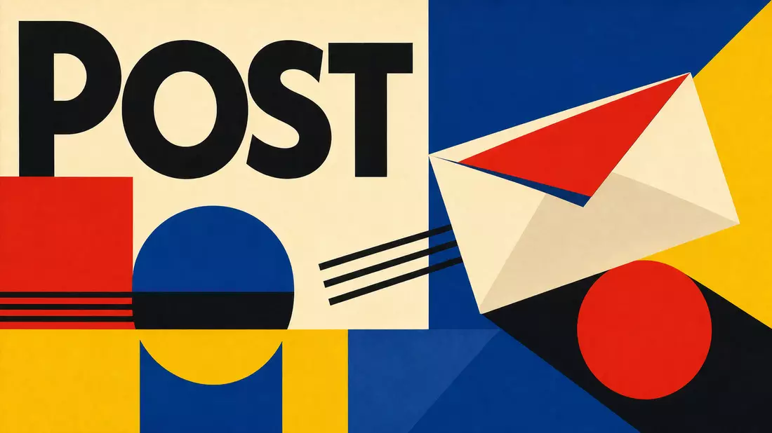 Geometrisches Bauhaus-Poster mit stilisiertem Briefumschlag und Schriftzug POST