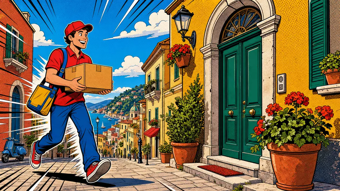 Pop-Art-Comic mit fröhlichem Zusteller und Paket vor bunten Häusern einer Küstenstadt