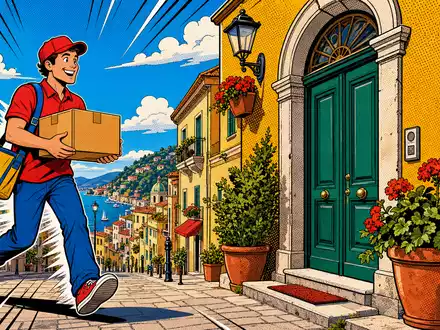 Poste Italiane S.p.A. (IT0003796171) liefert Pakete italienweit aus, gezeigt in dieser bunten Pop-Art-Comic-Szene - Foto: THN