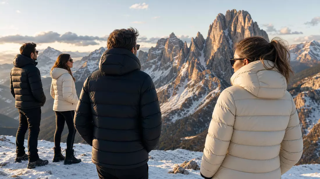 Gruppe in cremefarbenen und schwarzen Daunenjacken vor Alpengipfeln bei Abendlicht