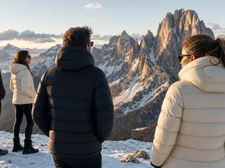 Moncler S.p.A. (IT0004965148) zeigt ein Alpenpanorama mit Personen in edlen Daunenjacken beim Sonnenuntergang - Foto: THN