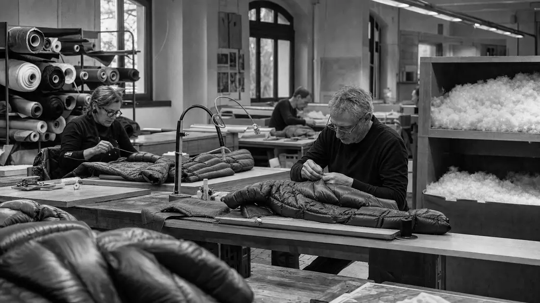Schwarzweißfoto von Handwerkern beim Nähen gesteppter Daunenjacken im Atelier