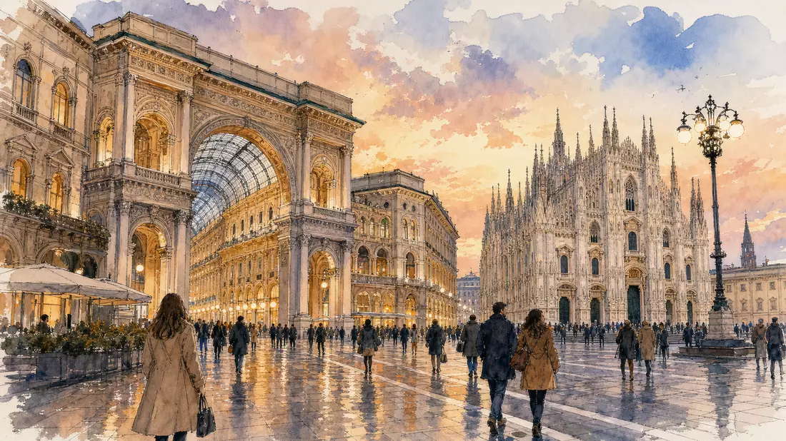 Aquarellmalerei der Mailänder Innenstadt mit Passage und Kathedrale bei Dämmerung