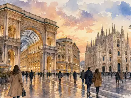 Moncler S.p.A. (IT0004965148) illustriert die Stadt Mailand als stimmungsvolles Aquarellgemälde mit historischer Piazza und Dom - Foto: THN